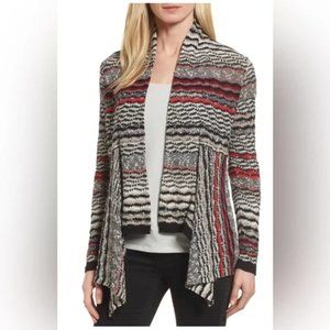 NIC + ZOE Linen Blend Long Sleeve Black White Red Draped Front Cardigan * SZ L